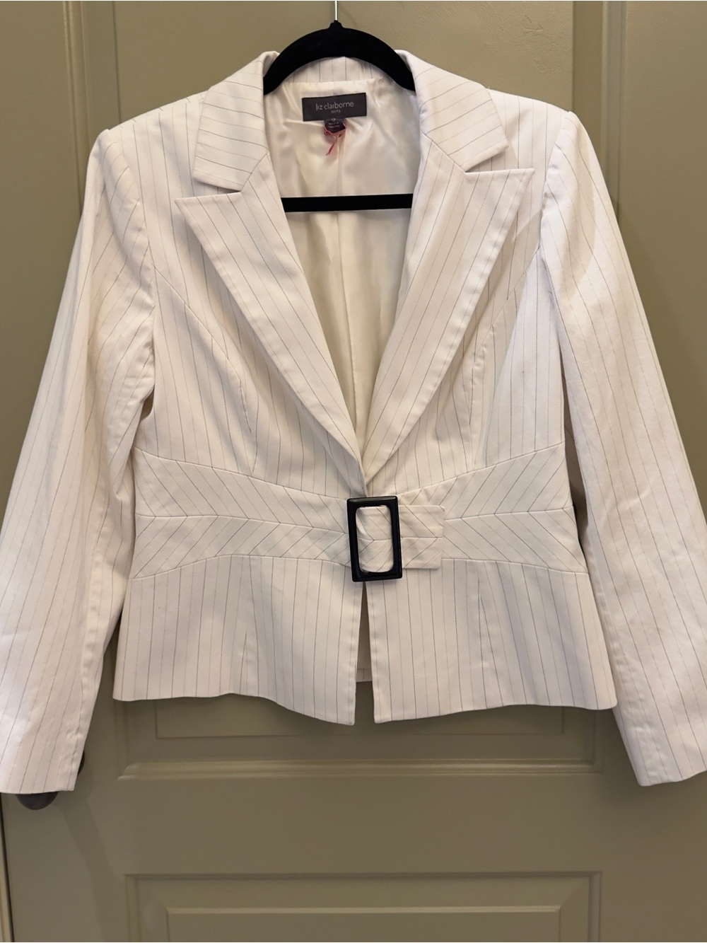 Liz Claiborne White Pinstripe Belted Suit Jacket with Black Buckle.  Size 12.